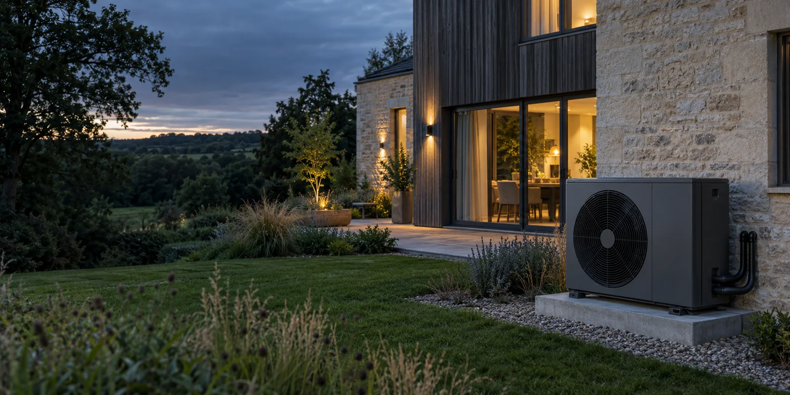 Illustrative modern rural home with an air source heat pump